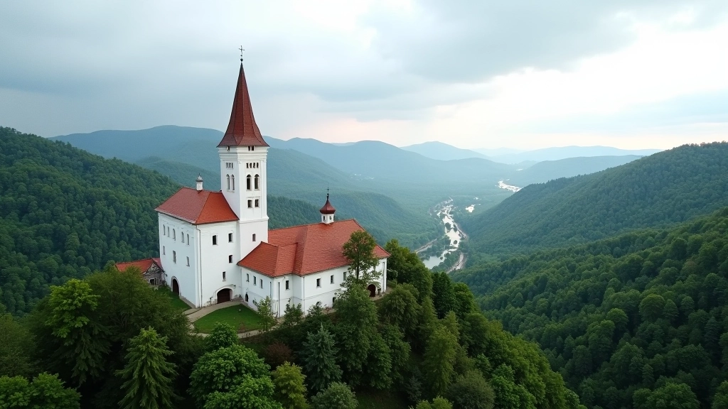Istorinis vienuolynas baltu mūru aukštai ant kalvos, žalias šlaitas apačioje